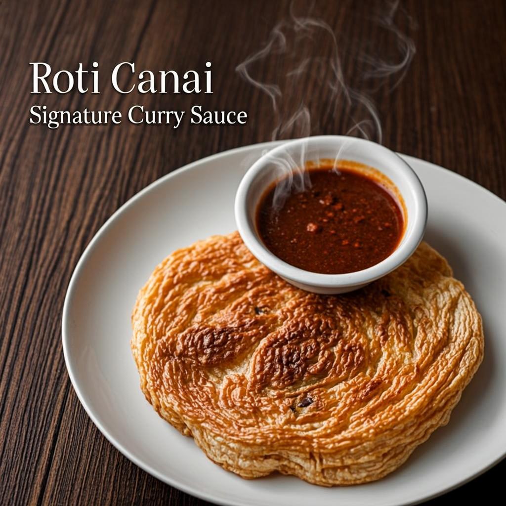 Flaky golden roti canai served on a plate with dhal curry